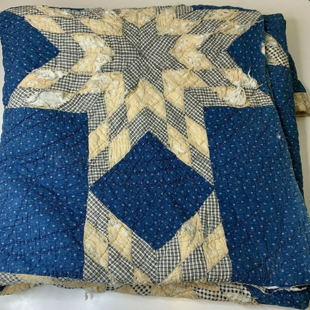 vintage quilt hand sewing blanket bedding blue gra